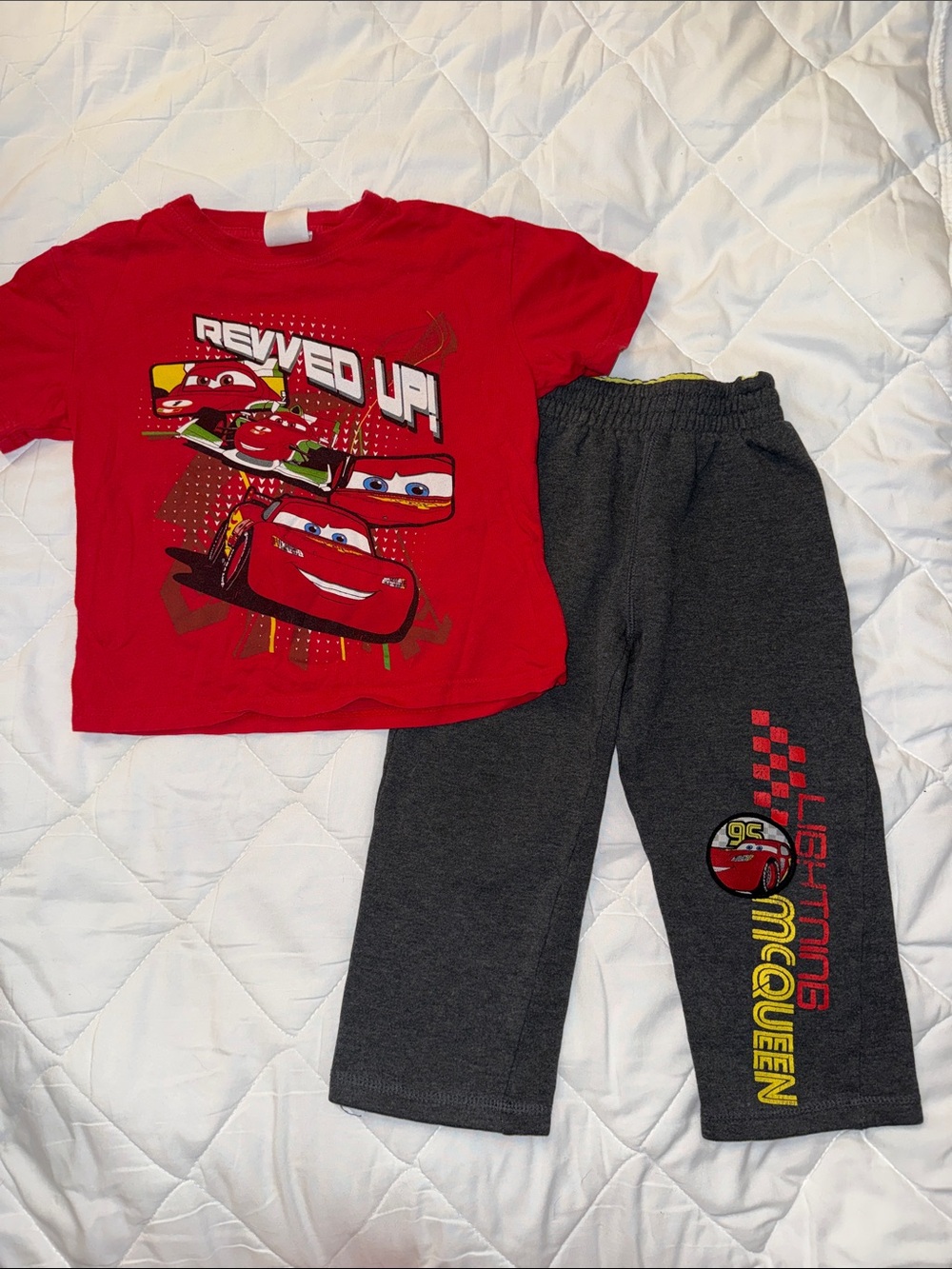4T Vtg Disney Pixar Cars Red 'Revved Up' Tee & Gray Lightning McQueen Pants Set